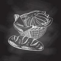 Vector hand drawn sketch  illustration of wicker basket with loaf of bread. Chalkboard background, white drawing. Sketch icon and bakery element.