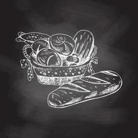 Vector hand drawn  sketch illustration of wicker basket with bread and loaf of bread.  Chalkboard background, white drawing. Sketch icon and bakery element.