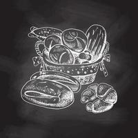 Vintage hand drawn sketch style bakery set, wicker basket with bread, bagel and bun.  Chalkboard background, white drawing. Sketch icon and bakery element. vector