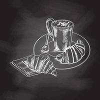 Vector hand drawn illustration of a cup of coffee with a croissants, a spoon on a plate. Chalkboard background, white drawing. Sketch icon and bakery element.