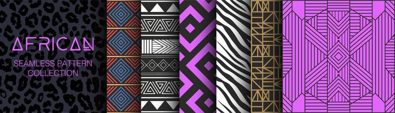 Collection of African Seamless Patterns. Geometry, textures and signs. Ethnic aesthetic and ornaments inspired by Africa. Tribal designs, folk artworks and native style graphics. Black culture.