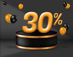 Special sale 30 percent off. realistic golden 3d number with podium decoration and balloons isolated on black background. vector illustration