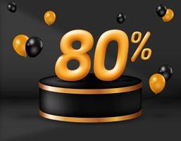 Special sale 80 percent off. realistic golden 3d number with podium decoration and balloons isolated on black background. vector illustration