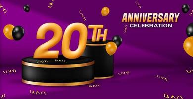 20th anniversary celebration banner. golden number with podium decoration, balloons and ribbon. for birthday or wedding greeting cards, etc. 3d vector realistic illustration