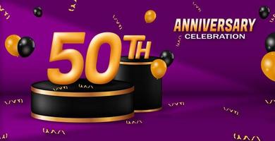 50th anniversary celebration banner. golden number with podium decoration, balloons and ribbon. for birthday or wedding greeting cards, etc. 3d vector realistic illustration