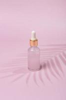 Glass cosmetic bottle dropper with beuty oil or serum for skin care on pink background. Natural skin care concept. Hard shadows of palm tree photo
