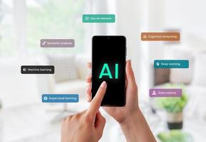 Smart phone, showcasing the use of AI technology such as semantic analysis, deep learning, neural networks, machine learning, supervised learning. Integration of AI into everyday devices photo