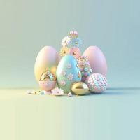 3D Render of Glossy Eggs and Flowers for Easter Celebration Background photo