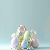 3D Illustration of Glossy Eggs and Flowers for Easter Background photo