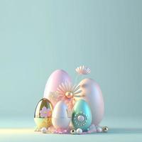 3D Illustration of Glossy Eggs and Flowers for Easter Party Background photo