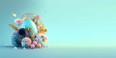 Ilustración 3d de huevos de pascua y flores con un tema de cuento de hadas foto