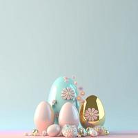 3D Render of Glossy Eggs and Flowers for Easter Day Background photo