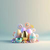 3D Illustration of Glossy Eggs and Flowers for Easter Day Celebration Background photo