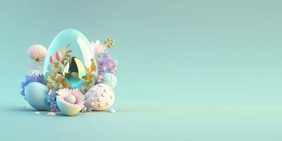 renderizado 3d abstracto de huevos de pascua y flores con un tema de fantasía para el fondo y la pancarta foto