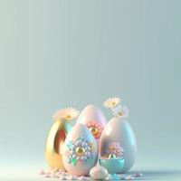 3D Illustration of Glossy Eggs and Flowers for Easter Background photo