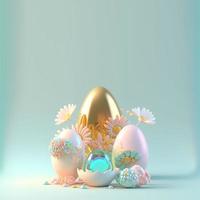 3D Rendering of Glossy Eggs and Flowers for Easter Day Celebration Background photo