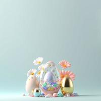 3D Render of Glossy Eggs and Flowers for Easter Day Party Background photo