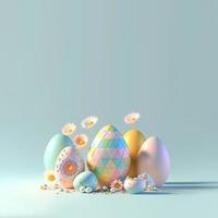 Render 3d de huevos y flores brillantes para el fondo festivo de Pascua foto