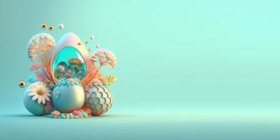 3d renderizado de huevos de pascua y flores con un tema de fantasía para fondo y pancarta foto