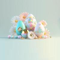 3D Rendering of Glossy Eggs and Flowers for Easter Day Festive Background photo