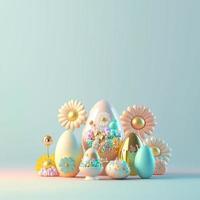 Digital 3D Illustration of Glossy Eggs and Flowers for Easter Greeting Card Background photo