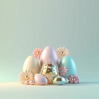 3D Illustration of Glossy Eggs and Flowers for Easter Greeting Card Background photo