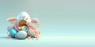 Abstract 3D Illustration of Easter Eggs and Flowers with a Fairytale Wonderland Theme for Background and Banner photo