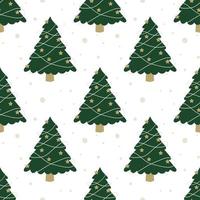 Christmas tree seamless vector patterns. Forest background. Green trees with holiday decorations and snow. Winter festival background.