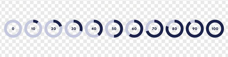 Set of blue circular progress bar. Timer icon with ten percent interval. Download display. Vector illustration