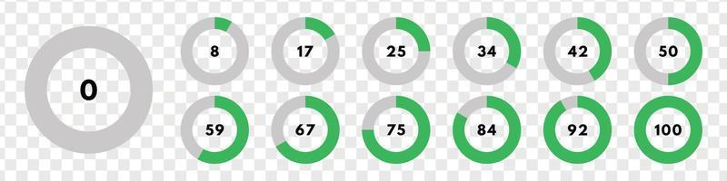 Set of green circular progress bar. Download display. Vector illustration