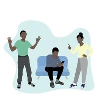 Dad and mom scold their son, who sits on the couch with a phone in his hands, brings up teenagers, flat vector, isolation on white, generation difference, black family