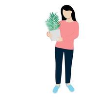 Portrait of a girl in full growth with a flower pot in her hands, flat vector, isolated on white, faceless illustration vector