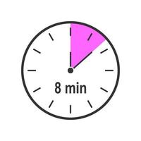 Timer icon with 8 minute time interval. Countdown clock or stopwatch symbol vector