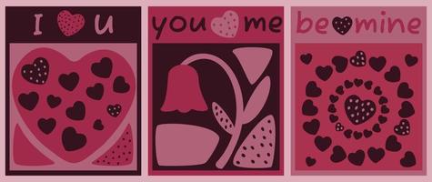 A set of postcards on a love theme. Posters with the inscription  love you, You and me, be mine. Vector illustration.