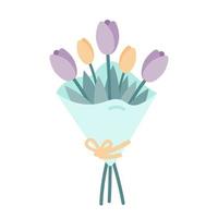 Bouquet of flowers. Vector illustration of orange and purple tulips. Plants of pastel colors.