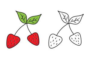 Strawberry with twig and leaves. Vector illustration. Linear drawing of berries. Coloring doodle style.