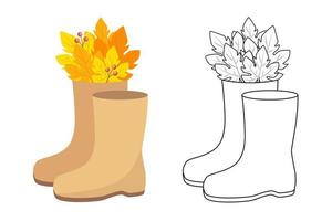 Rubber boots. Vector illustration autumn leaves and berries on white background. Line drawing of boots with bouquet. Coloring page.