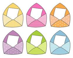 Multicolored envelopes set. Vector illustration of mail letters with different patterns. White sheet of paper in envelope.