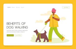 Web app landing  Happy  african dark woman walking with dog in park. Walk Your Dog Month.  Outdoor activity with pet. Trendy vector illustration in flat style.