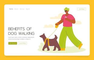 Web app landing  Happy  african dark man walking with dog in park. Walk Your Dog Month.  Outdoor activity with pet. Trendy vector illustration in flat style.