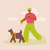 hombre oscuro africano feliz caminando con perro en el parque. Pasea a tu perro mes. actividad al aire libre con mascota. ilustración vectorial de moda en estilo plano. vector