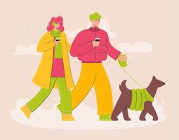 Happy couple walking with dog in cold winter park. Walk Your Dog Month.  Outdoor activity with pet.Trendy vector illustration in flat style