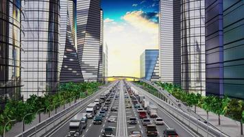snelweg kruising midden- in de stad met zwaar verkeer - visie van de bovenstaande, in beweging vooruit video