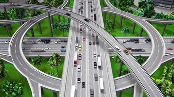 Autobahnkreuz mitten in der Stadt mit starkem Verkehr - Blick von oben und rotierende Kamera video