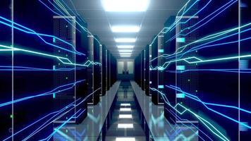 muchos servidores en rack parados en líneas azules abstractas y sin procesar - internet rápido, concepto de transferencia de datos video