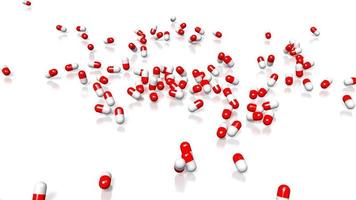 Many Red and White Pills Falling Down on White Background - Pharmaceuticals, Drugs Concept