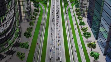 intersección de carreteras en el centro de la ciudad con mucho tráfico - vista desde arriba y avance video