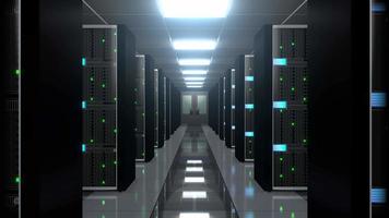 muitos servidores de rack em um data center bruto, hospedagem, conceito de armazenamento video