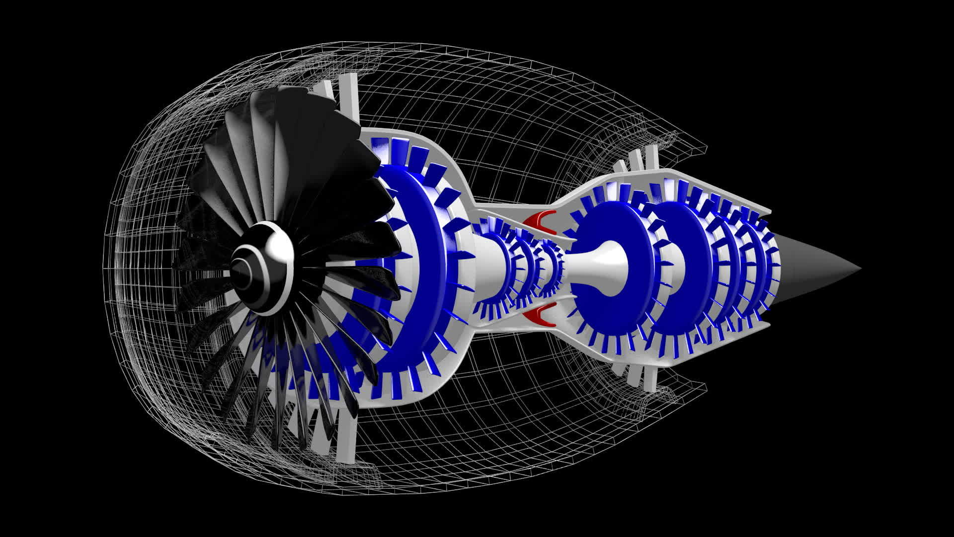 Working Jet Engine with Rotating Blades - 3D Wireframe Model on Black  Background 18976423 Stock Video at Vecteezy