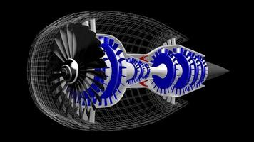 Working Jet Engine with Rotating Blades - 3D Wireframe Model on Black Background video